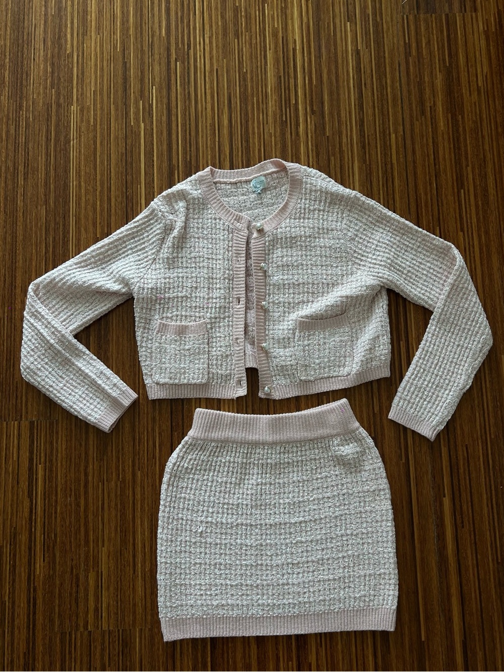 Two-Piece Pink Tweed Pearl Button up Cardigan and Skirt Set